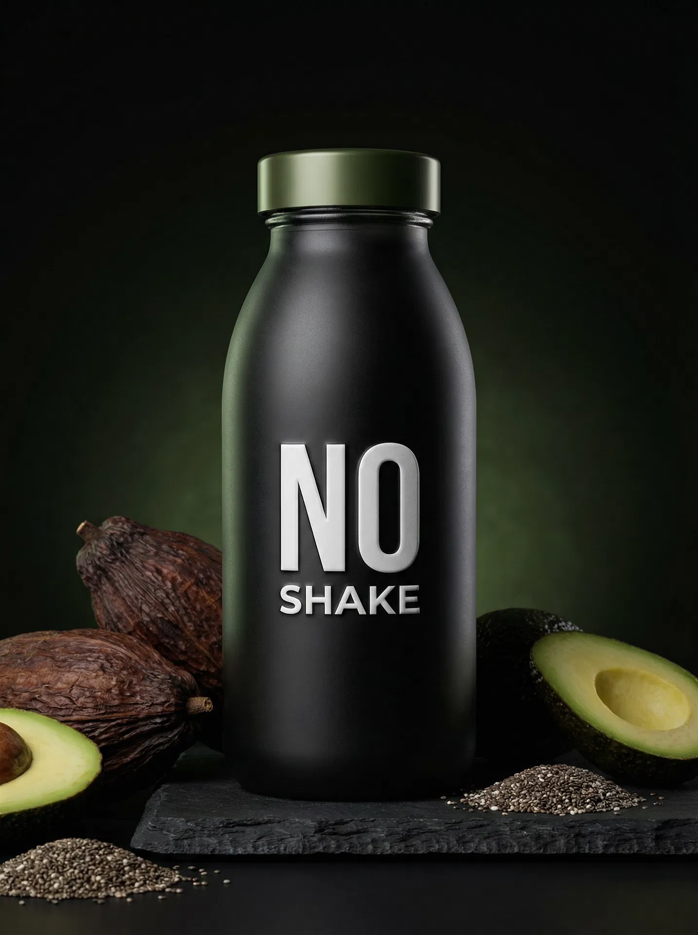 NO SHAKE — dark glass protein shake bottle